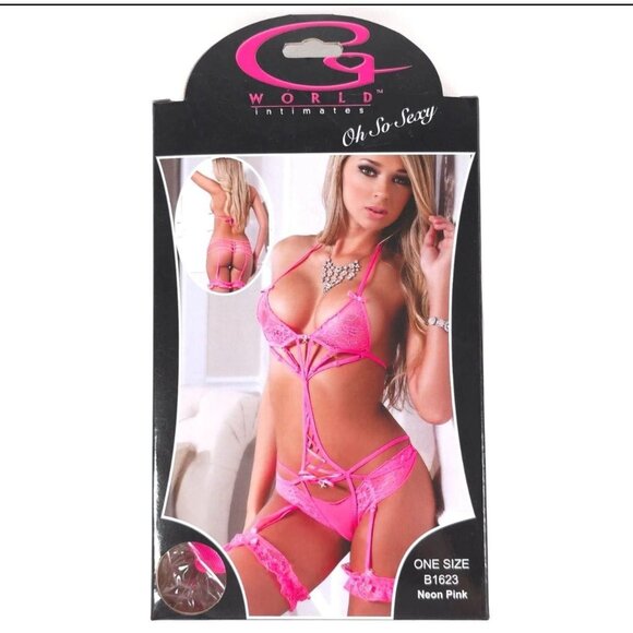 Lace Teddy Lingerie Strappy Neon Pink One Size G World Intimates - Picture 2 of 7